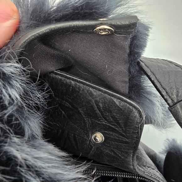 Galaday Removeable‎ Fur Detail Crinkle Leather Handbag Shoulder Purse Tote Black - Picture 13 of 16